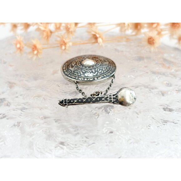 Shield & Sword Siam Sterling Silver Vintage Thai Made Dangle Style Brooch - Picture 2 of 10